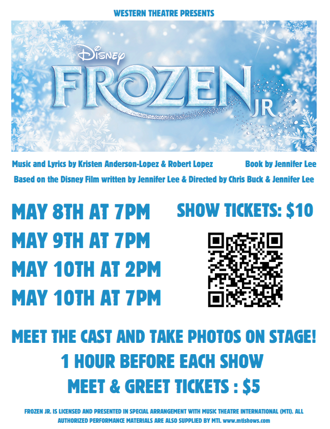 Frozen jr May 10th at 2pm and 7pm Tickets $10 on GoFan